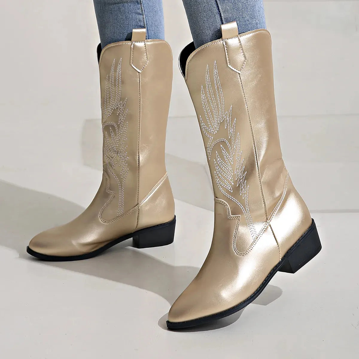 - PU-Leder-Cowboystiefel mit weichem Innenfutter