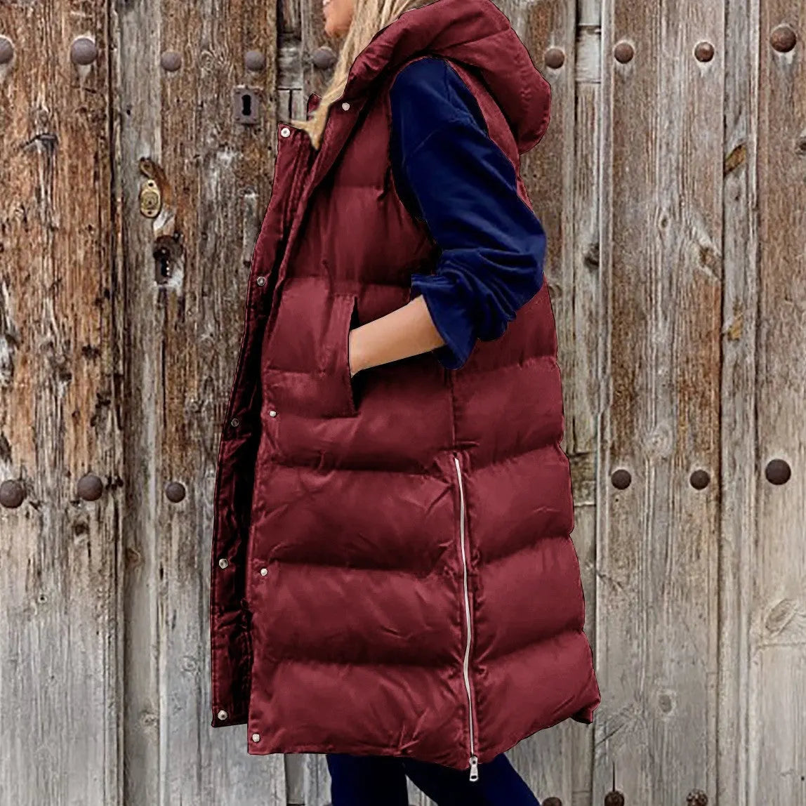Kapuze Lange Weste Lässig Mode Einreihig Jacke