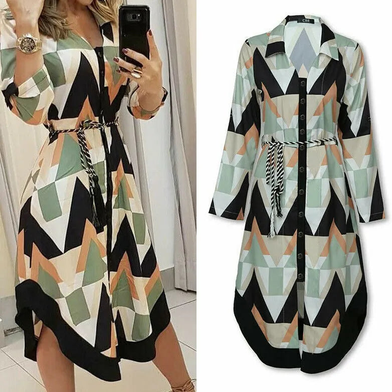 Wellen-Druck Lange Ärmel Kleid