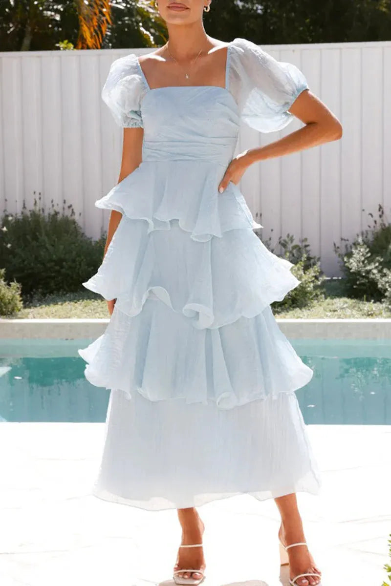 Casual Backless Flounce Square Neck Cake Skirt Dresses