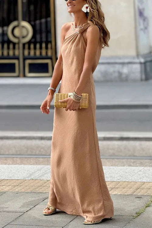 Decorative Knot One Shoulder Sleeveless Maxi Party Dress