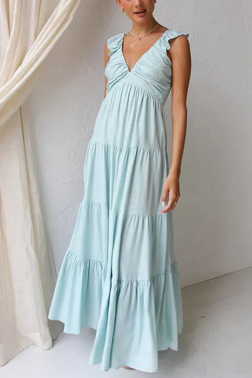 V Neck Ruffle Trim Tiered Sleeveless Linen Maxi Dress