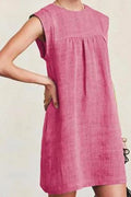 Ruched Short Sleeve Cotton Linen Babydoll Dress