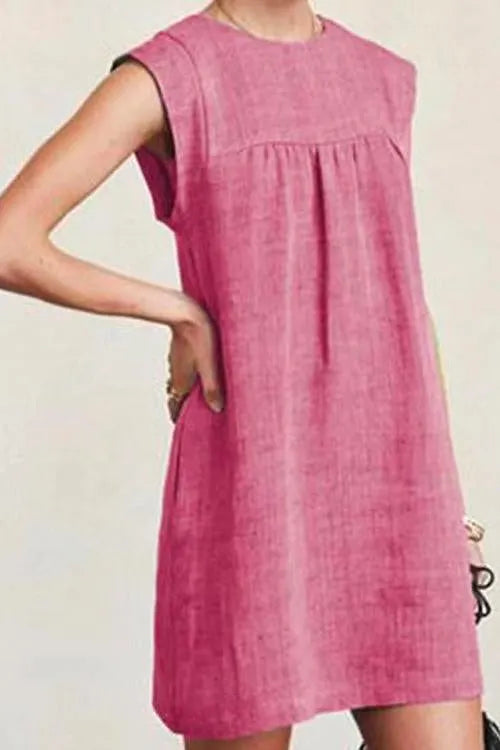 Ruched Short Sleeve Cotton Linen Babydoll Dress