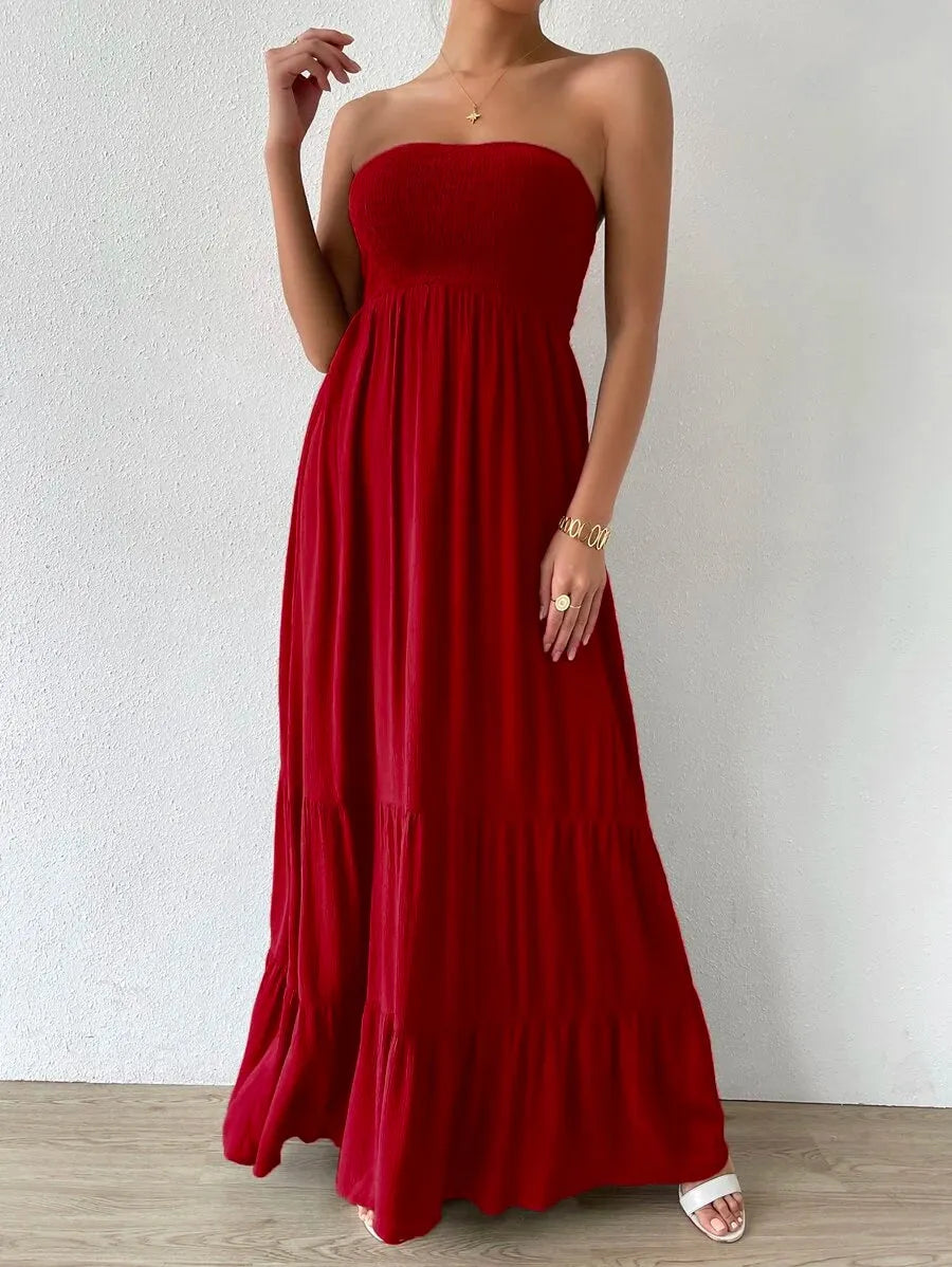 Vestido Feminino Longo Com Babado Liso Vermelho