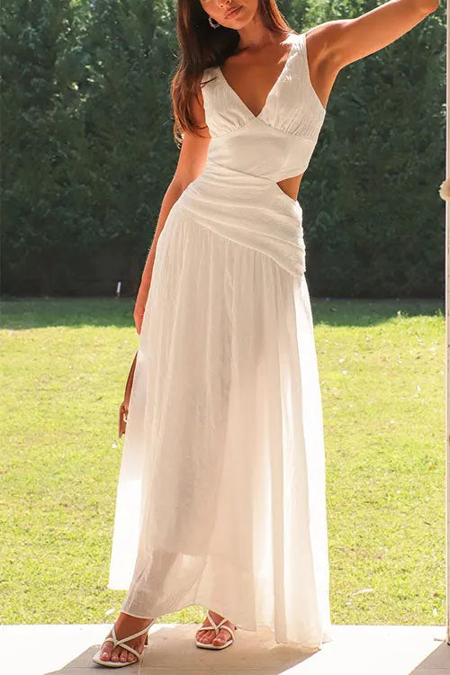 V Neck Sleeveless Cut Out Swing Maxi Dress