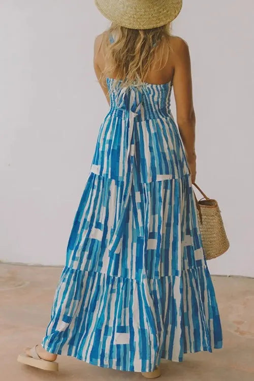 Square Collar Tiered Striped Maxi Cami Dress
