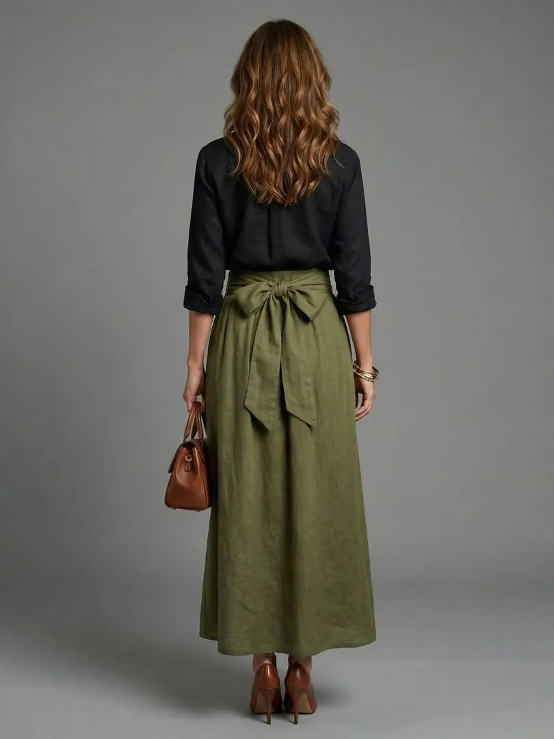Vera | Two Piece Set Black Blouse Olive Green Midi Skirt