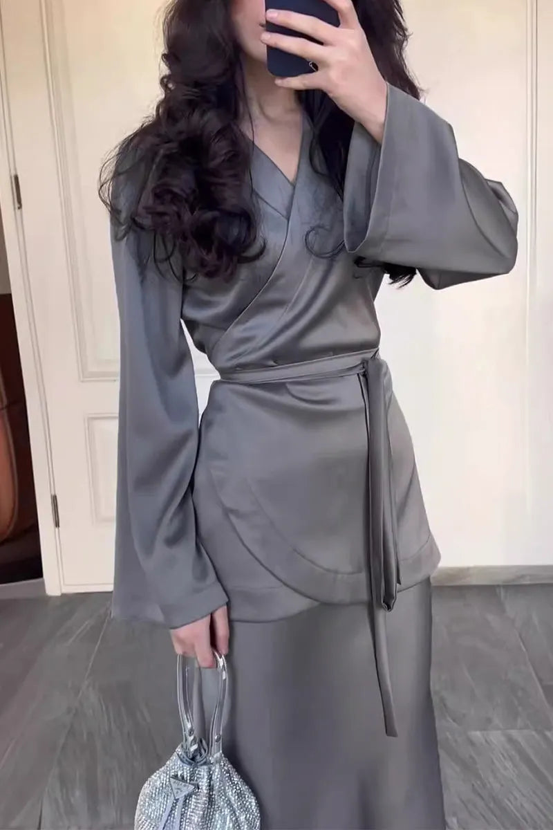 Elegant Simplicity Solid Strap Design V Neck Long Sleeve Two Pieces