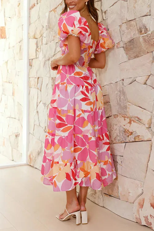 Twist Knot Cut Out Puffle Sleeves Printed Ruffle Maxi Dress