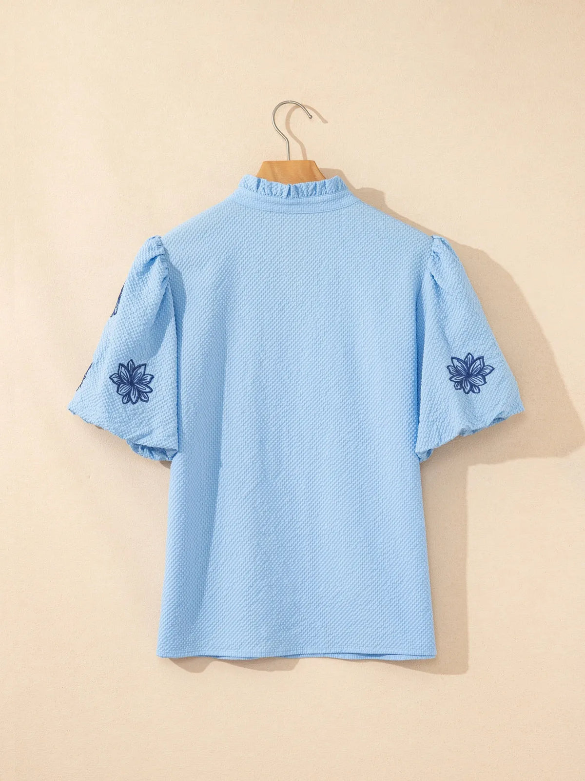 Flower Embroidered Puff Sleeve Split Neck Textured Blouse