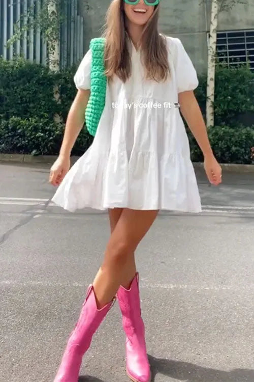 Puff Sleeves Button Down Ruffle Tiered Mini Shirt Dress