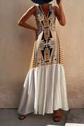 Sleeveless V Neck Printed Splice Maxi Swing Dress
