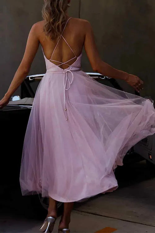 Open Back Waisted Tull Midi Party Dress