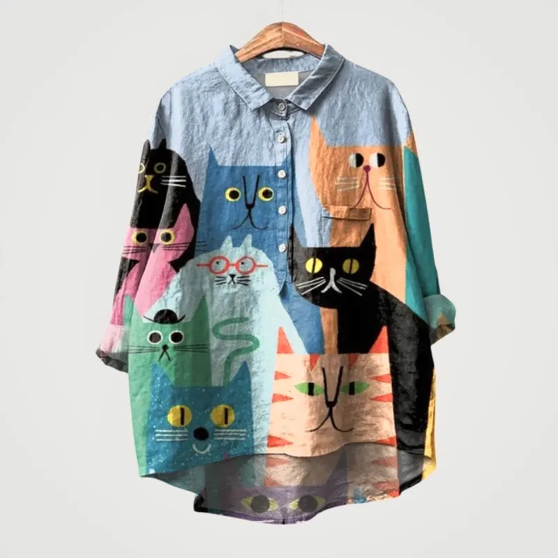 Maria | Oversized Bluse med Farverige Katte