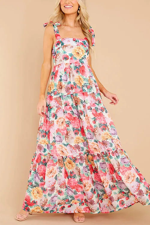 Queen Of Roses Tie Shoulder Ruffle Swing Maxi Dress
