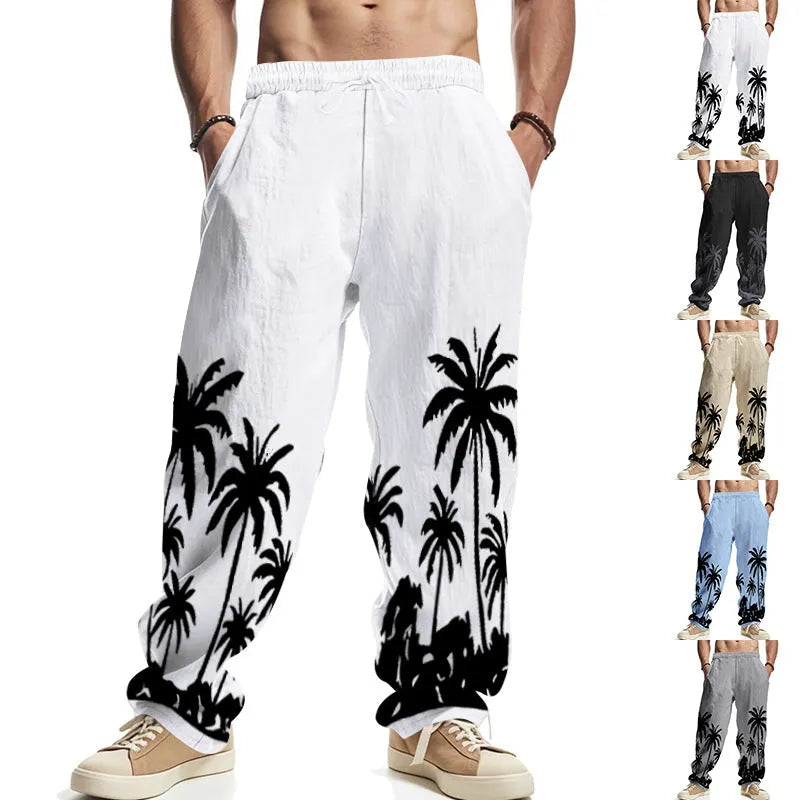 Herren nan weite Freizeit-Hose aus Baumwoll-Leinen-Mix mit Palmenprint, Elastikbund und Kordelzug