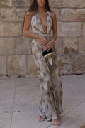 Halter Tie Knot Sleeveless Tie Dye Maxi Dress