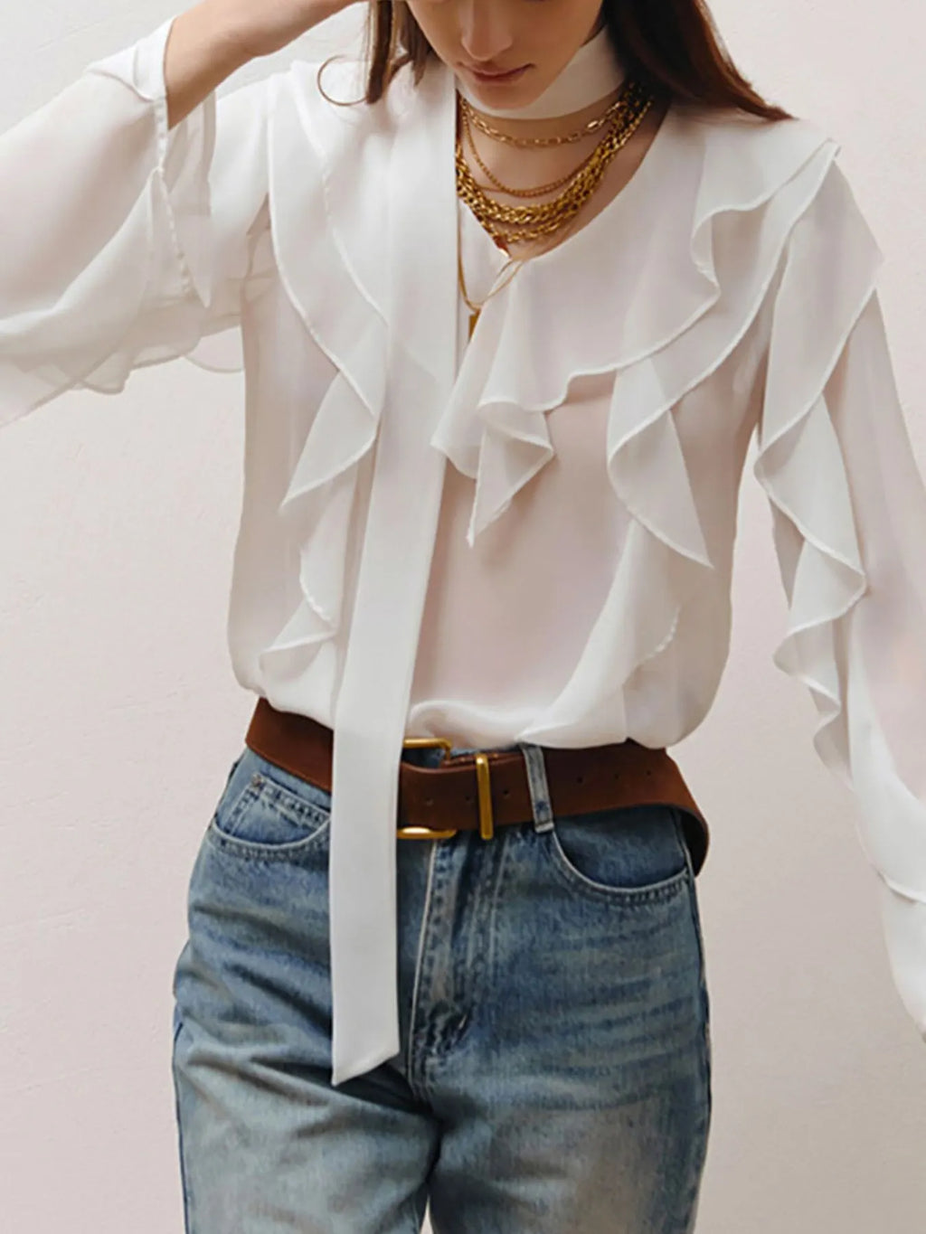 Ruffle Trim Chiffon Blouse