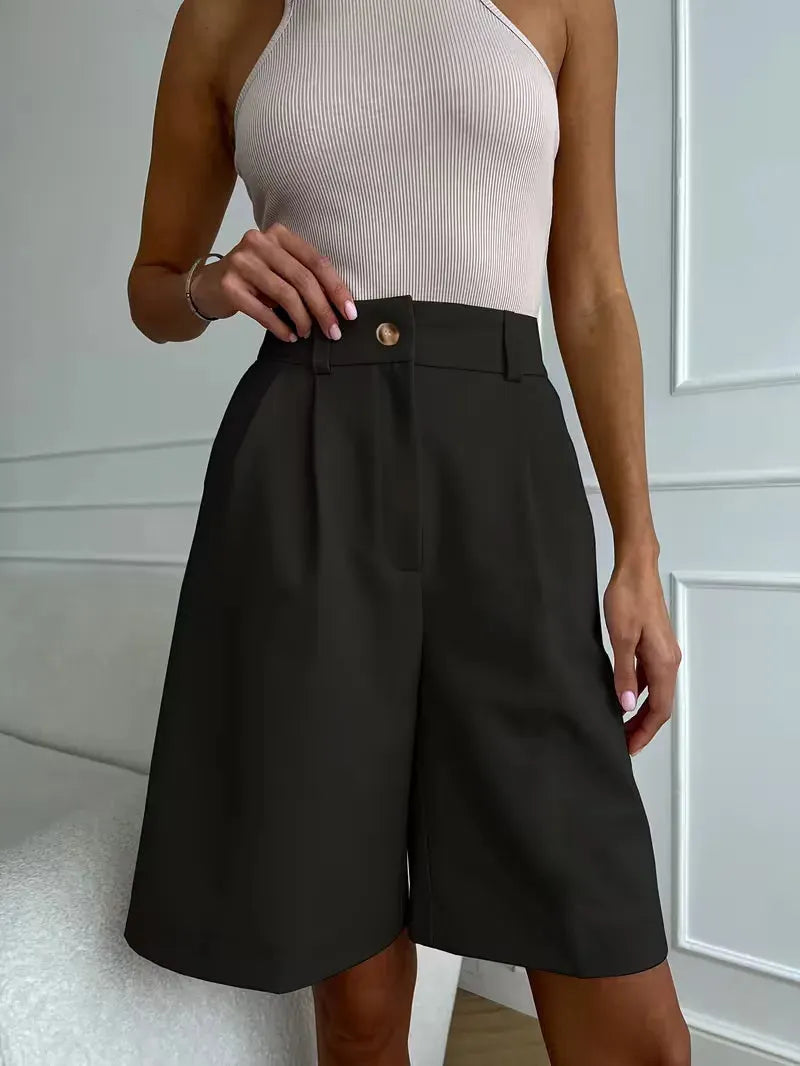 Women's Shorts with High Waist and Gold Buckle