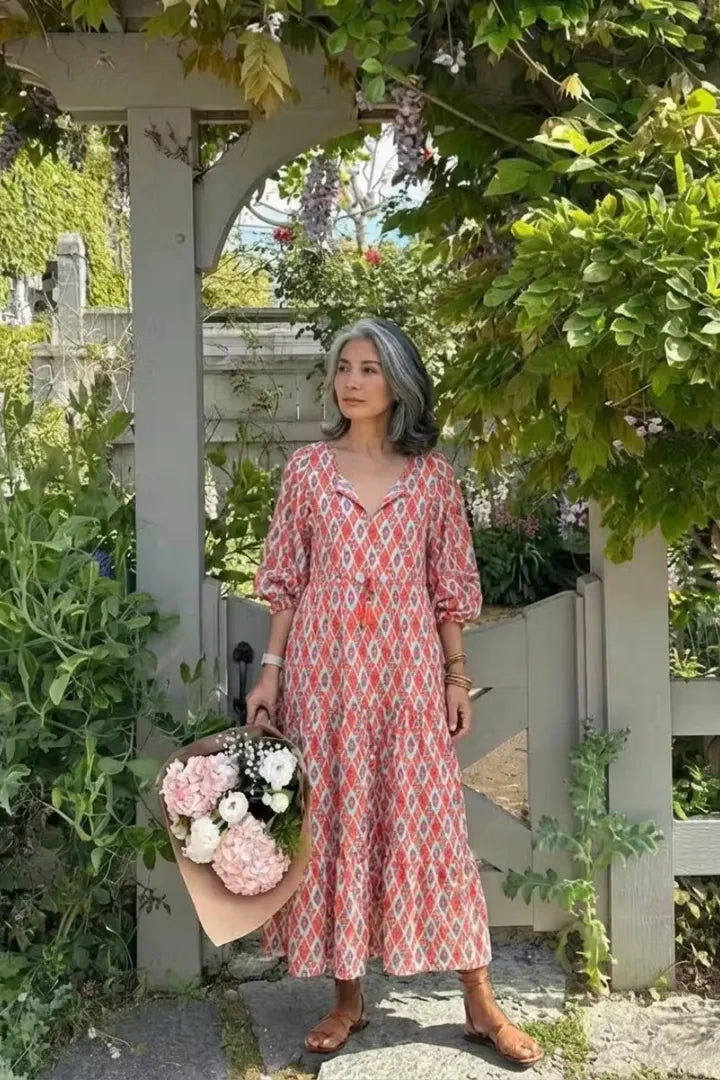 Zaria | Paisley Print V-Neck Short Sleeve Midi Dress