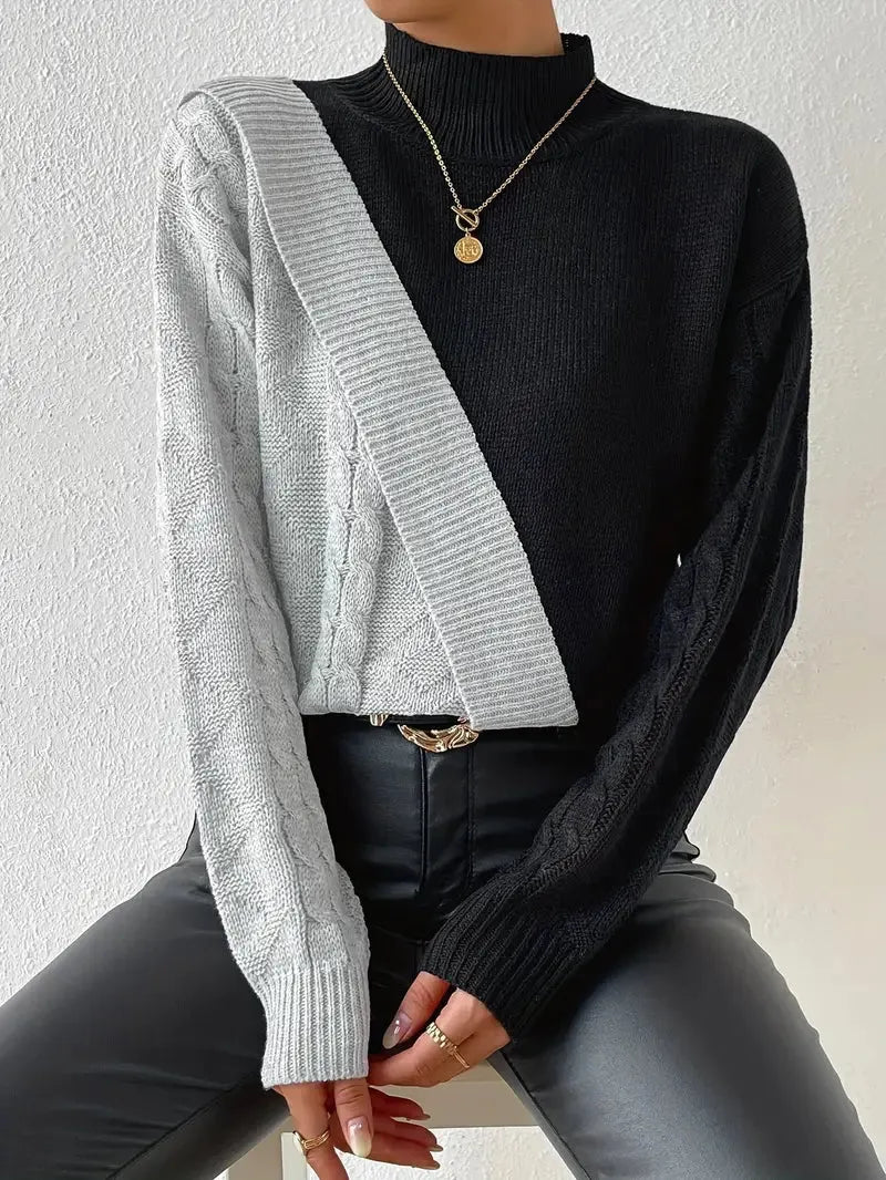 Farbblock Rollkragenpullover – Edles Zopfstrick Design