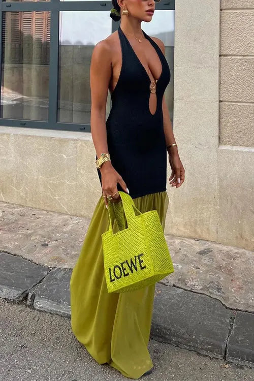 Halter Open Back Cut Out Slit Ruffle Maxi Dress