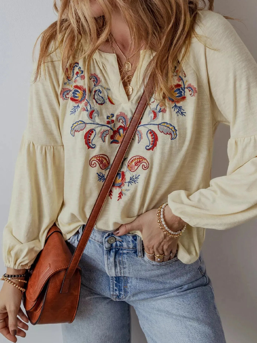 Embroidered Notched Balloon Sleeve Blouse