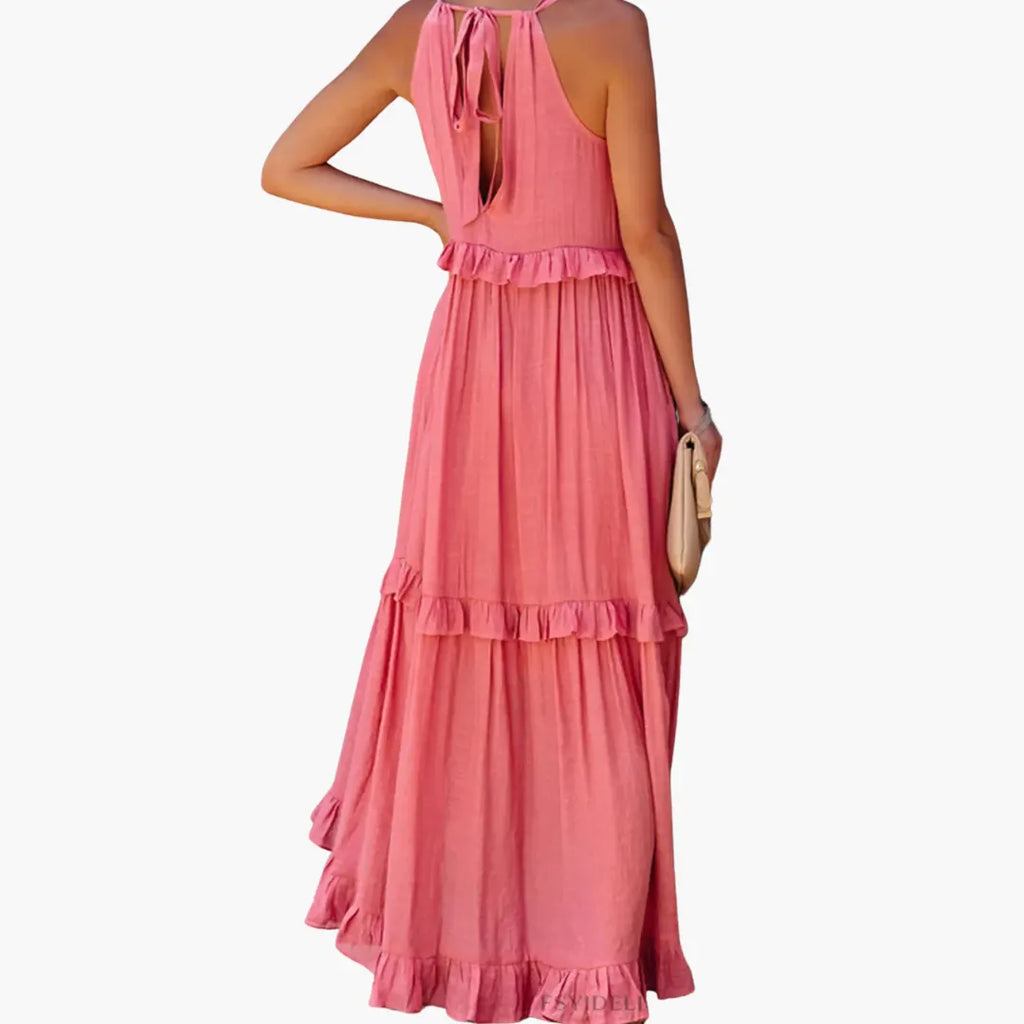 Womenâs Maxi Dress with Cascading Ruffle Tiers and Adjustable Straps