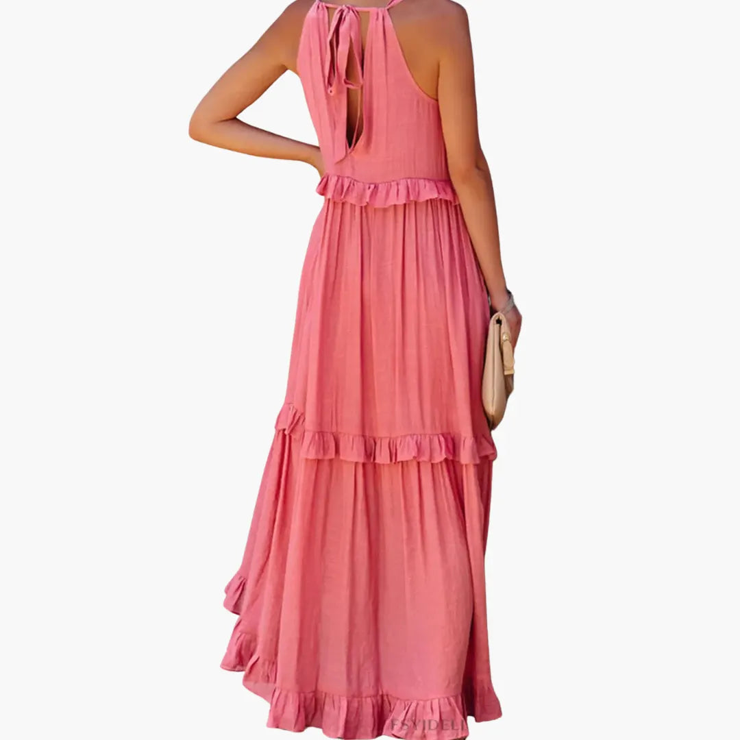 Womenâs Maxi Dress with Cascading Ruffle Tiers and Adjustable Straps