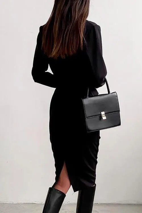 Solid Front Cross Slit Back Ruched Midi Dress