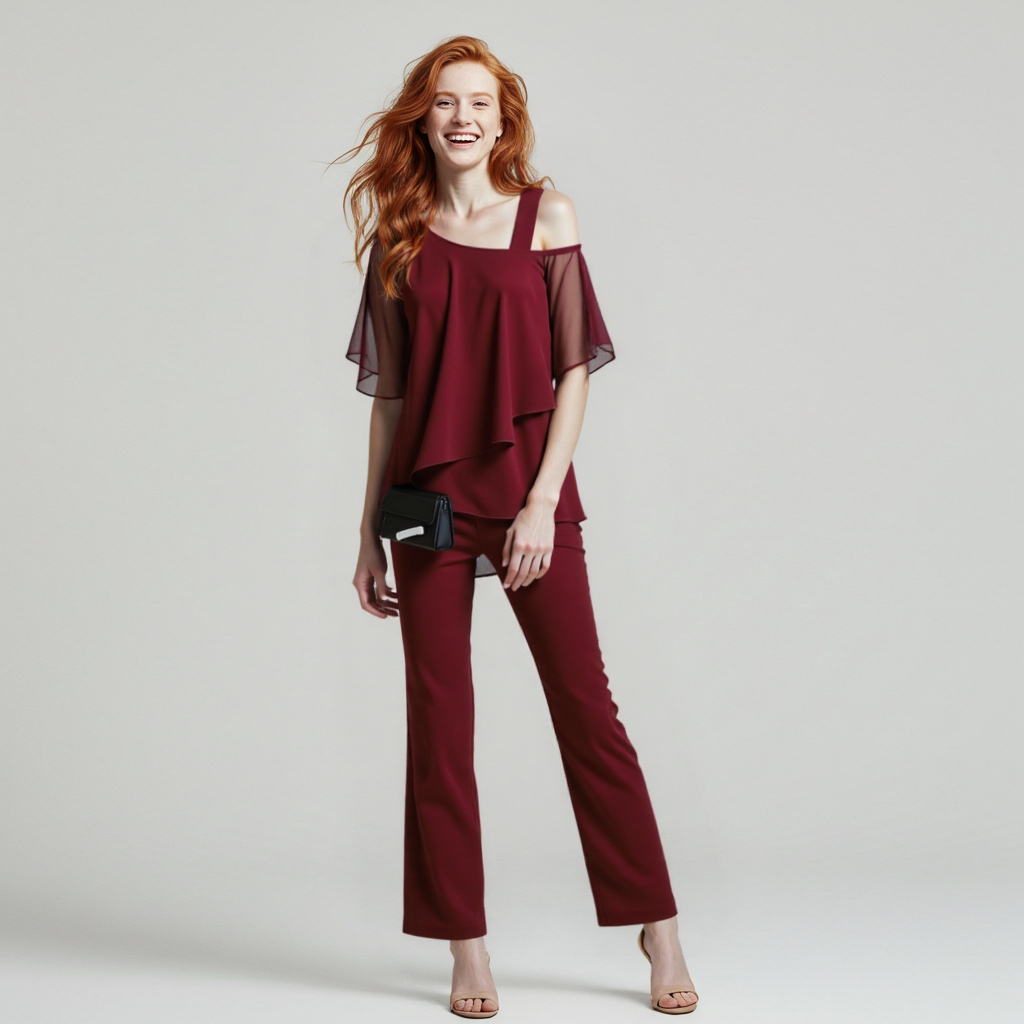 Damen Zweiteiler SatzEleganter Jumpsuit mit Cold Shoulder Bluse