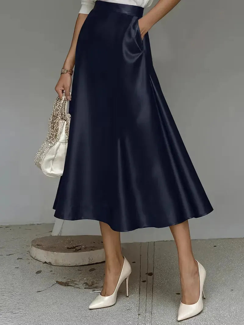 Satin Skirt for Women with High Waist and Midi Length