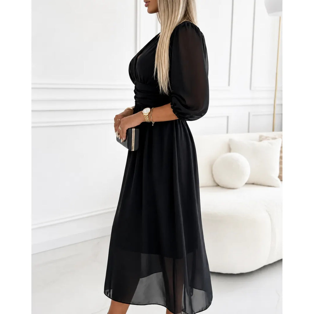 Dames Midi Jurk met Ruche Taille en Luchtige Stof