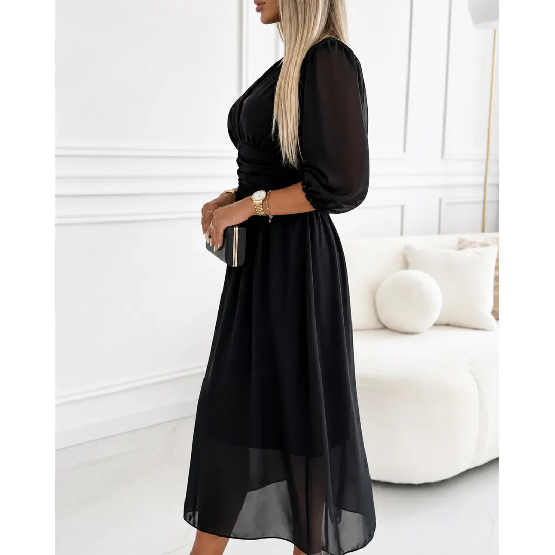 Dames Midi Jurk met Ruche Taille en Luchtige Stof