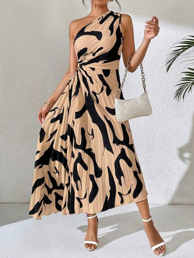Vestido Midi Marrom com Preto Plissado Taise