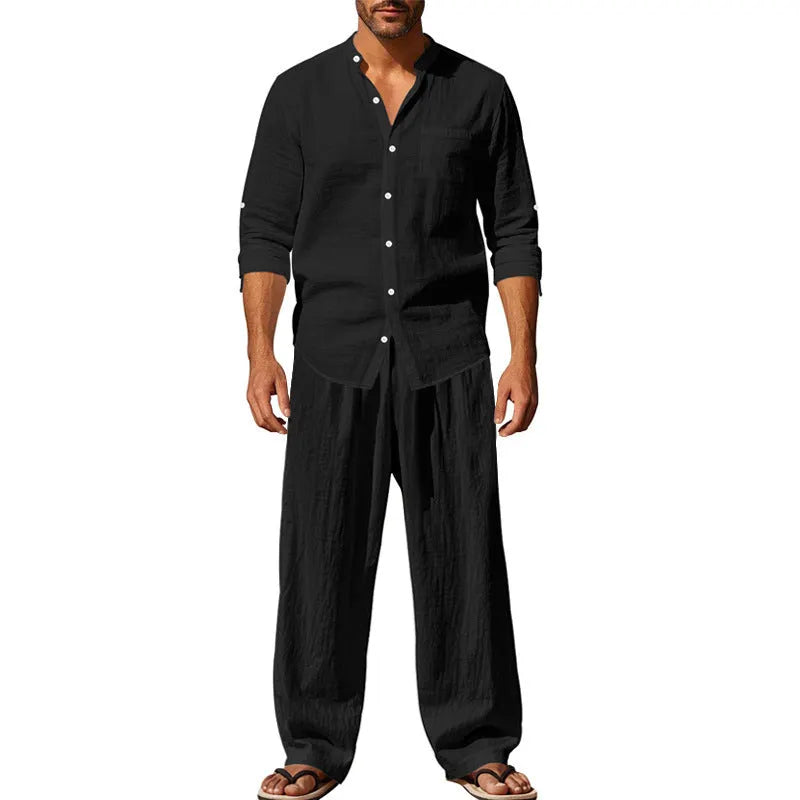 Herren entspannendes Leinen-Outfit im lässigen Design mit durchgehender Knopfleiste und praktischen Taschen