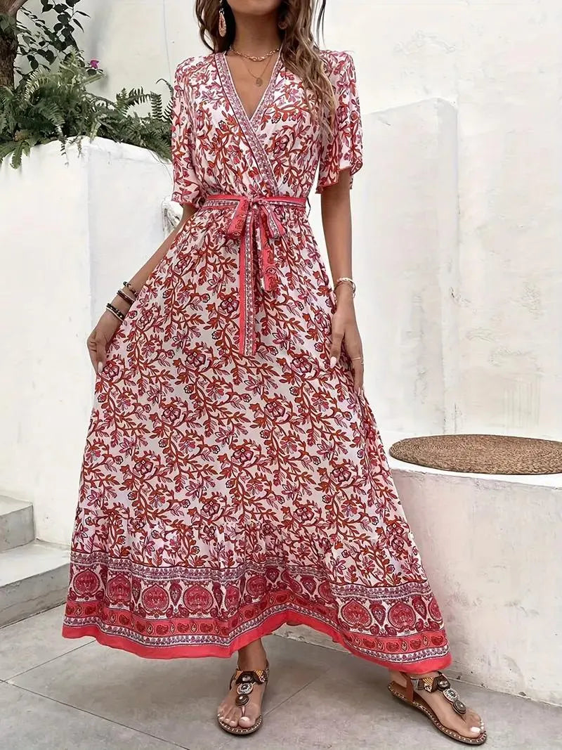 Fließendes Blumen-Maxikleid mit V-Ausschnitt & Bindegürtel