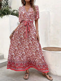 Fließendes Blumen-Maxikleid mit V-Ausschnitt & Bindegürtel