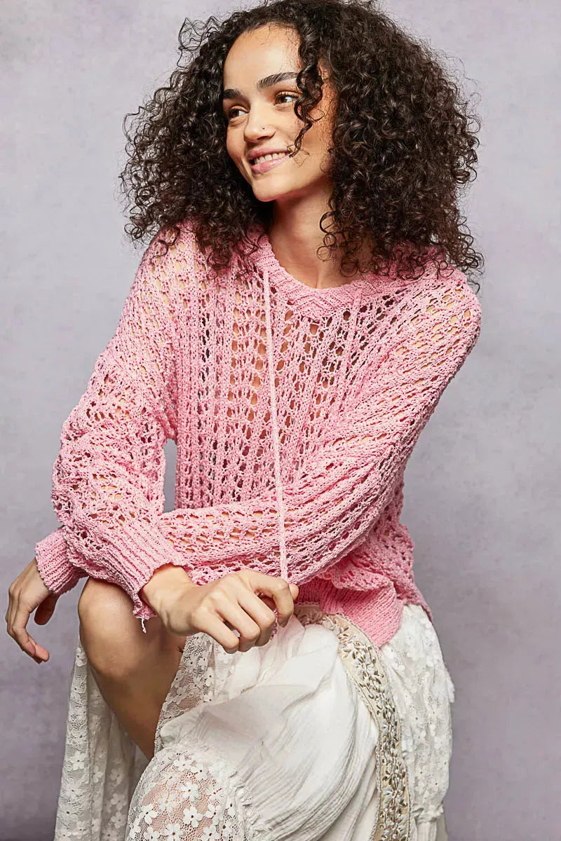 POL Openwork Round Neck High Low Knit Top
