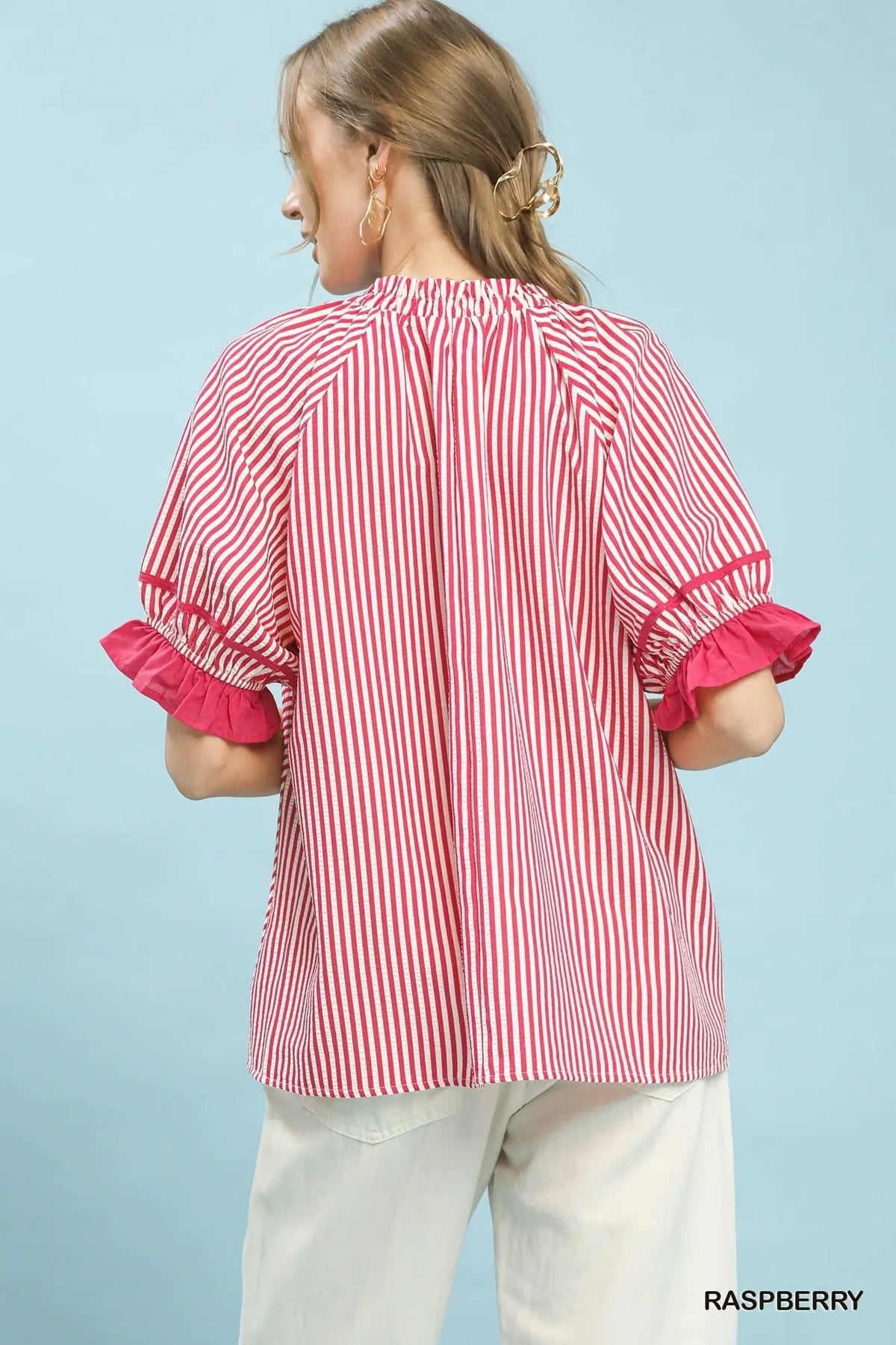Umgee Stripe Ruffle Sleeve Split-Neck Blouse