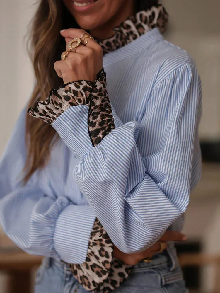 Striped Blouse With Leopard Print And Statement Cuffs