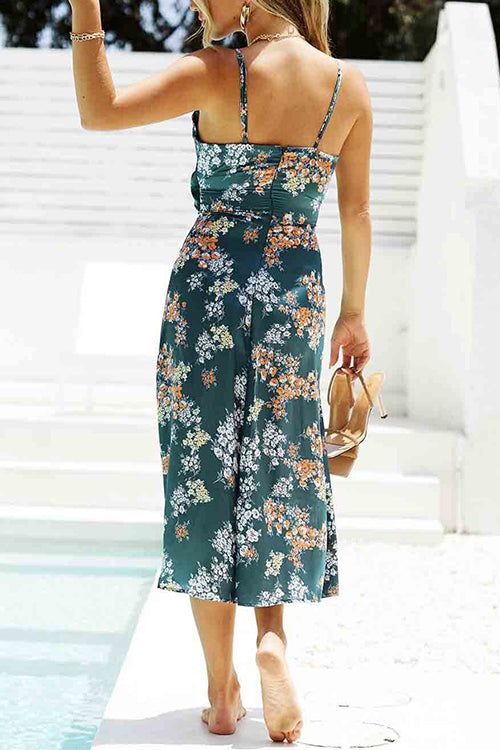 Floral Print Tie Front Cut Out Slit Midi Cami Dress