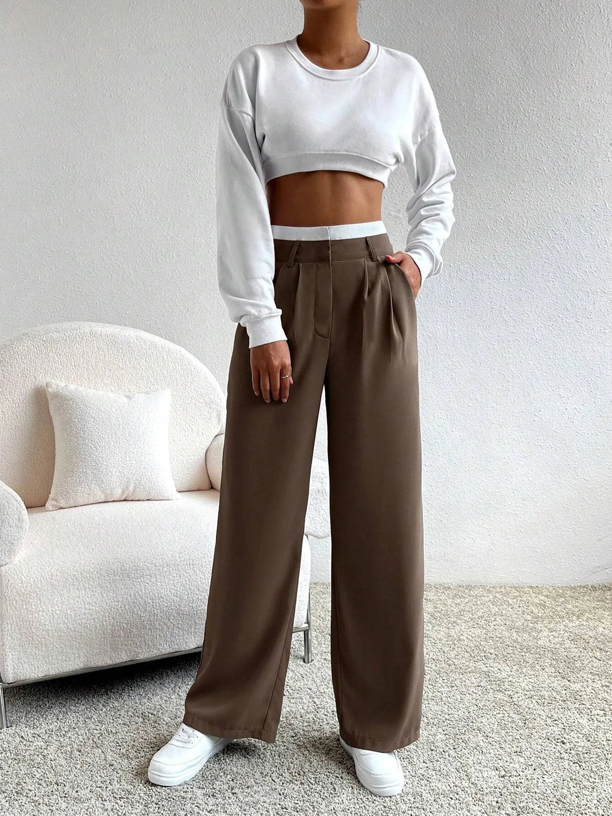 CalÃ§a Feminina Pantalona Paris Marrom com Branco