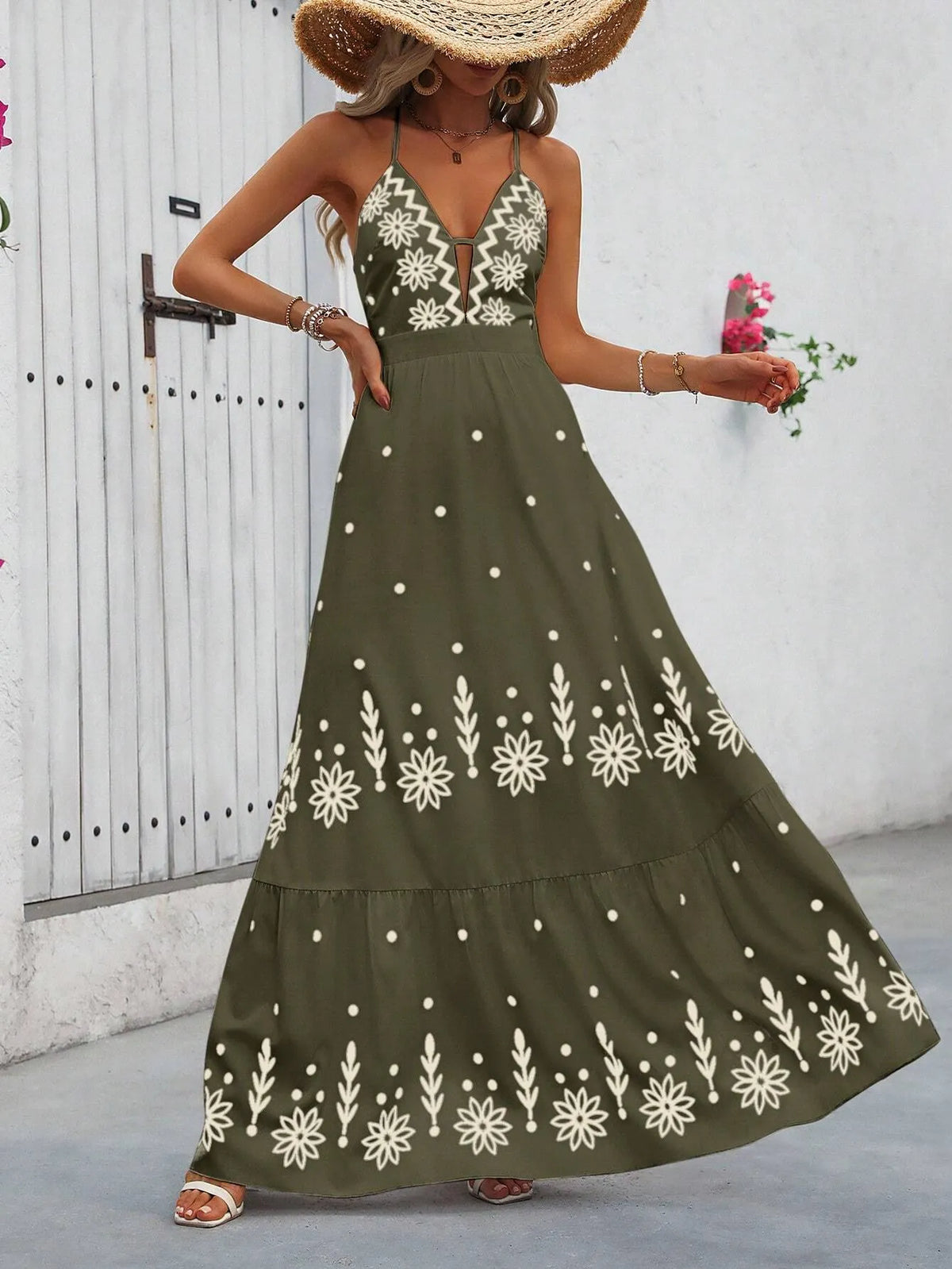 Vestido Longo Verde Militar Estampa Flores