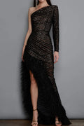Sexy Prom Irregular Mesh Feather Hemline Sloping Shoulder Evening Dresses