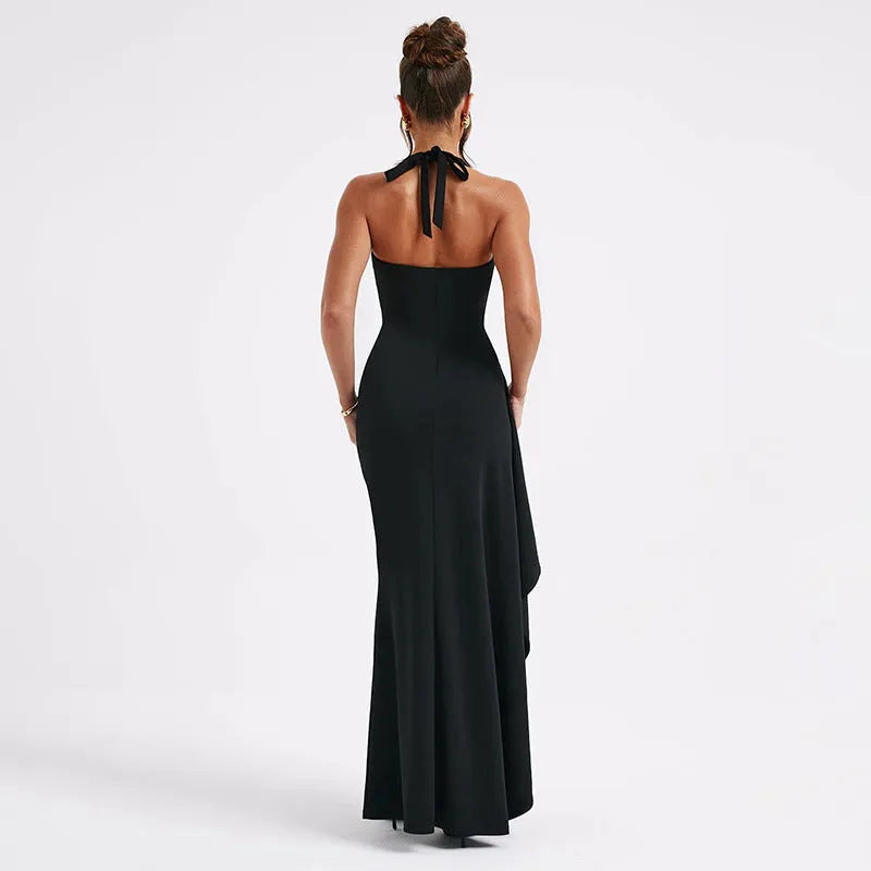 Moni | Halter Evening Dress with Deep Neckline and High Split