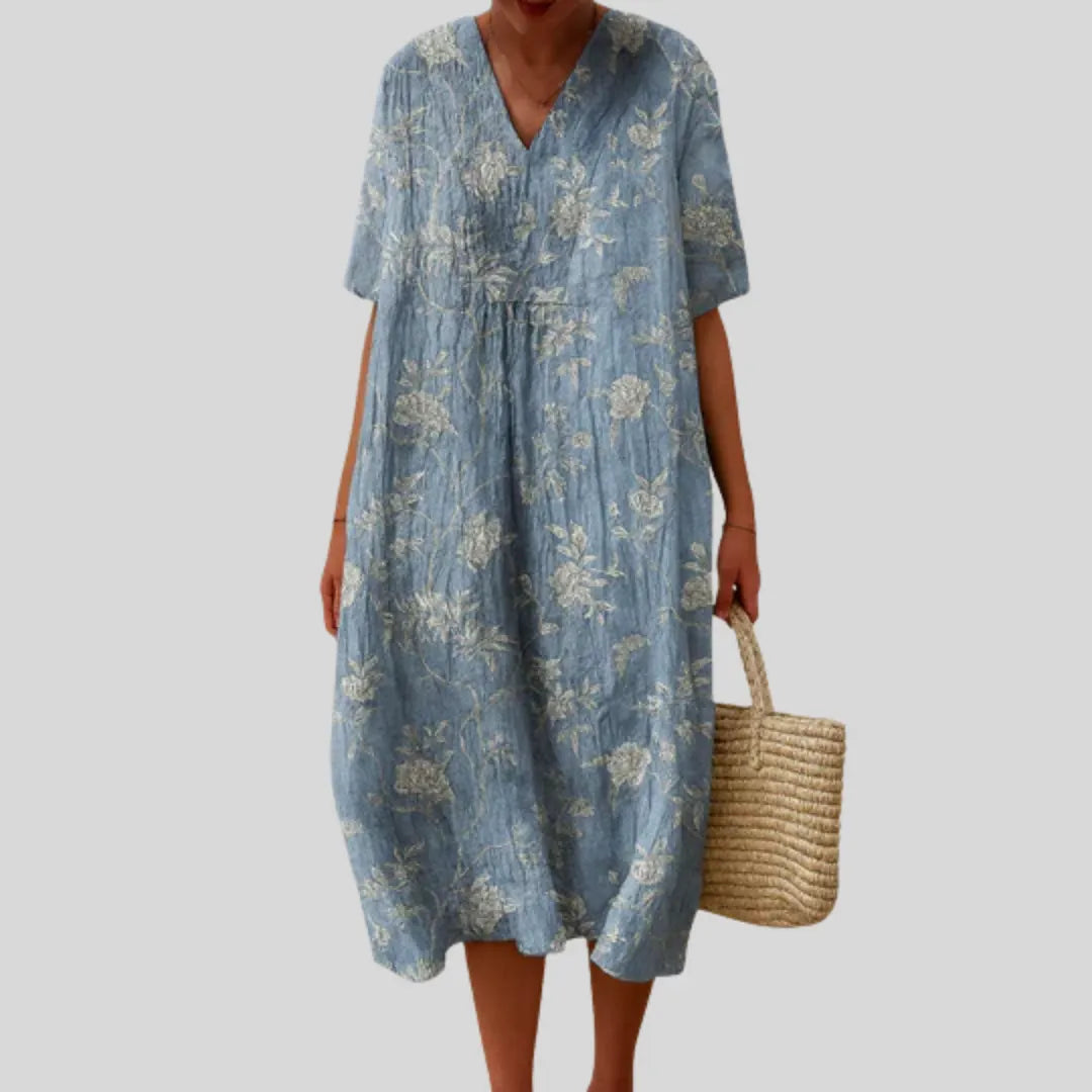 Women's Floral Midi Dress, Loose Fit, Short Sleeves