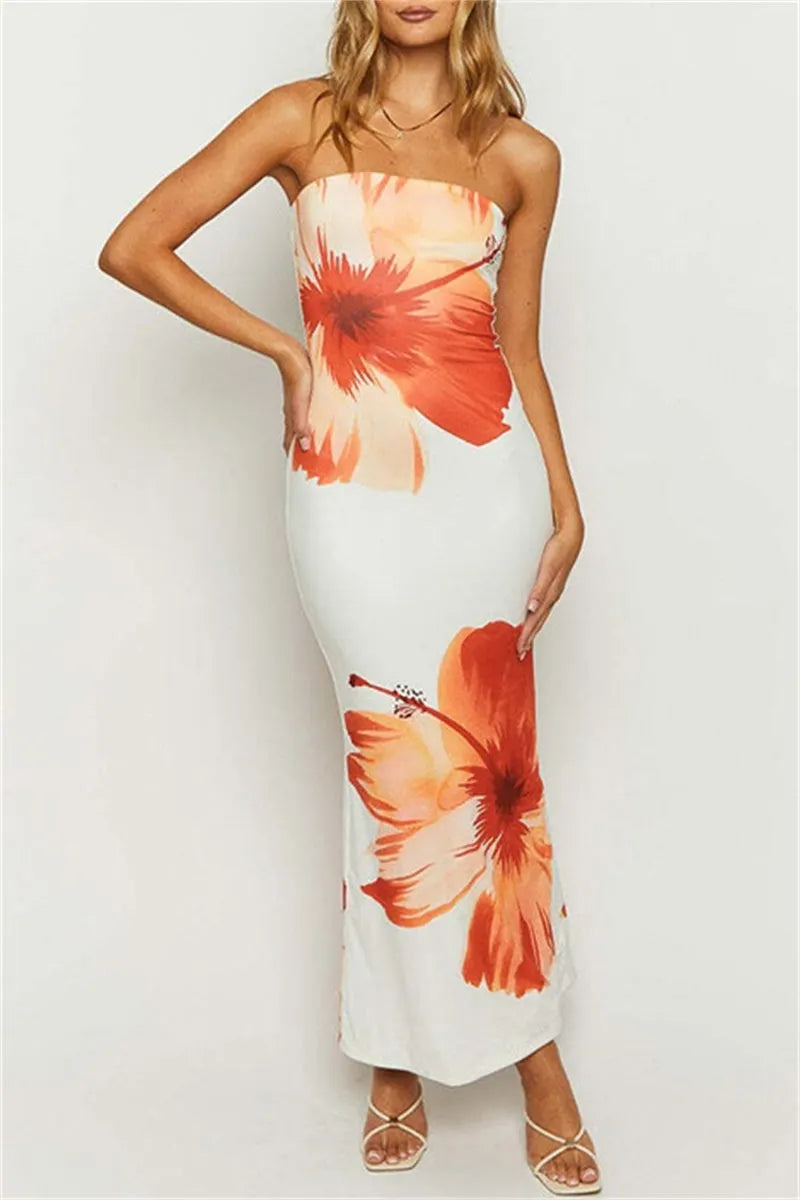Sexy Casual Print Backless Strapless Long Dresses