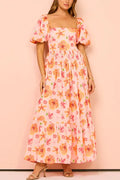Square Neck Puff Sleeves Floral Print Ruffle Maxi Dress